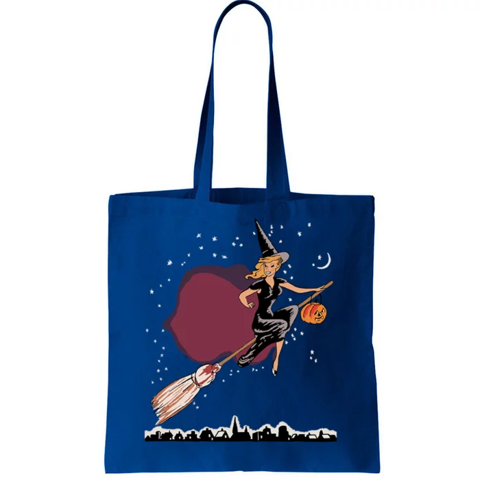 Lovely Witch Flying On Her Broom On A Starry Halloween Night Cool Gift Tote Bag