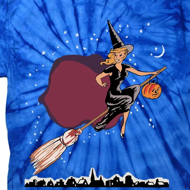 Lovely Witch Flying On Her Broom On A Starry Halloween Night Cool Gift Tie-Dye T-Shirt