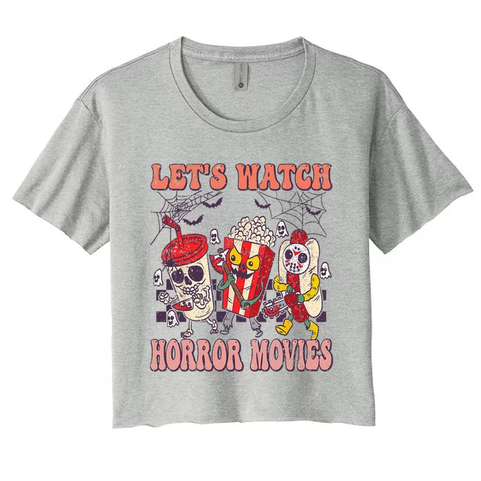 Lets Watch Horror Movies Halloween Funny Ghost Skeleton Women's Crop Top Tee