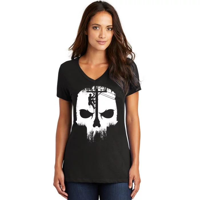 Lineman Worker Journeyman Skull Line Man Patriotic Labor Day Women's V-Neck T-Shirt