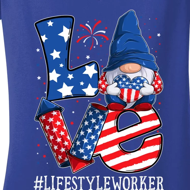 Lifestyle Worker Love 4th Of July Gnome Usa Patriotic Cool Gift Women's V-Neck T-Shirt