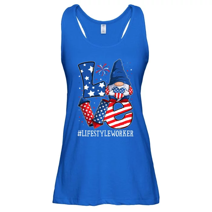 Lifestyle Worker Love 4th Of July Gnome Usa Patriotic Funny Gift Ladies Essential Flowy Tank