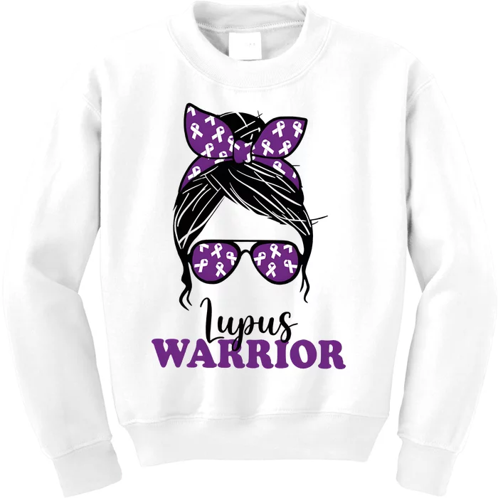 Lupus Warrior Messy Bun Woman Lupus Awareness Kids Sweatshirt