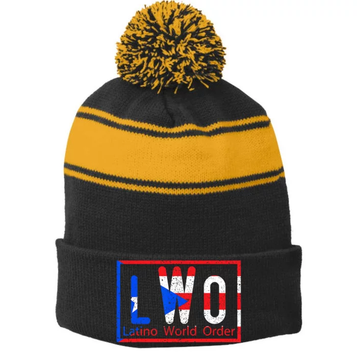 Latino World Order Puerto Rico Blue And Red Stripe Pom Pom Beanie