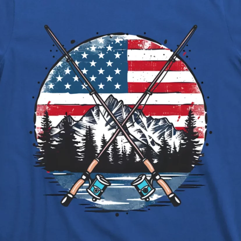 Lake With Rods American Flag Design Patriotic Fishing Gift T-Shirt