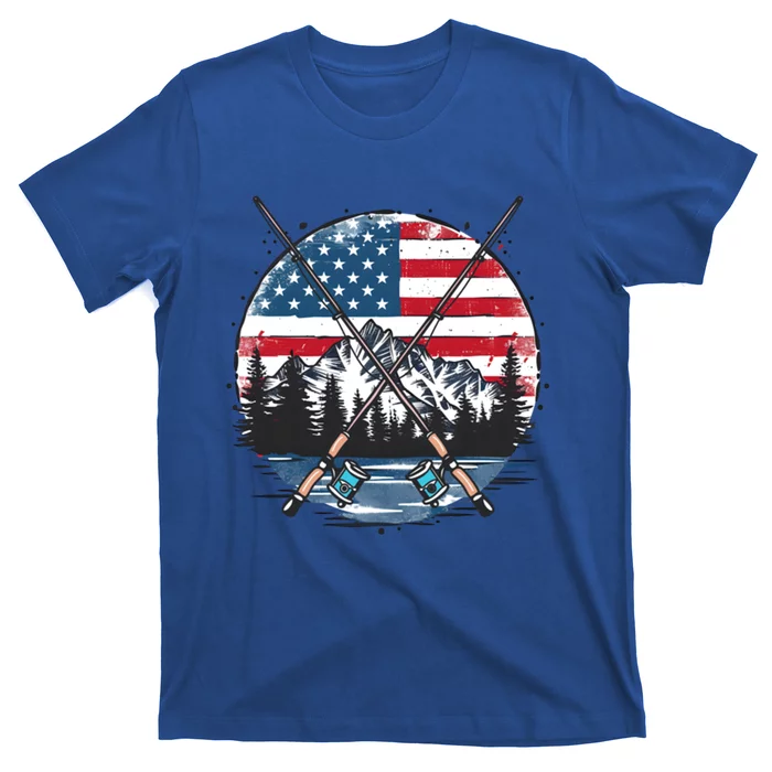 Lake With Rods American Flag Design Patriotic Fishing Gift T-Shirt