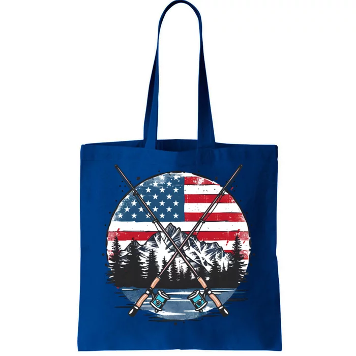 Lake With Rods American Flag Design Patriotic Fishing Gift Tote Bag