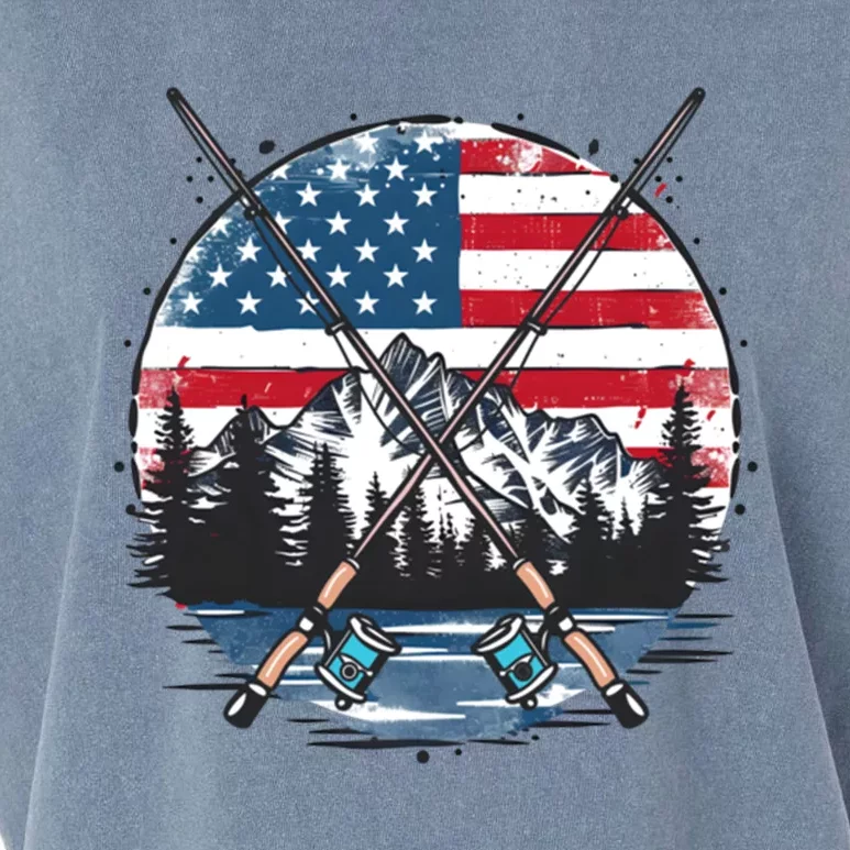 Lake With Rods American Flag Design Patriotic Fishing Gift Garment-Dyed Women's Muscle Tee