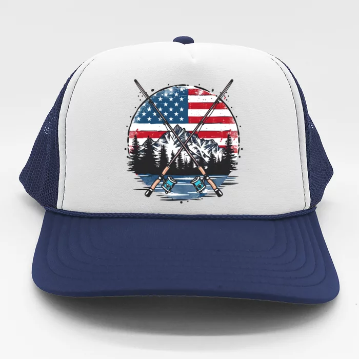 Lake With Rods American Flag Design Patriotic Fishing Gift Trucker Hat