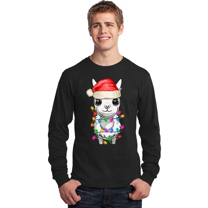 Llama Wearing Santa Hat Christmas Lights Graphic Animal Lover Long Sleeve Shirt