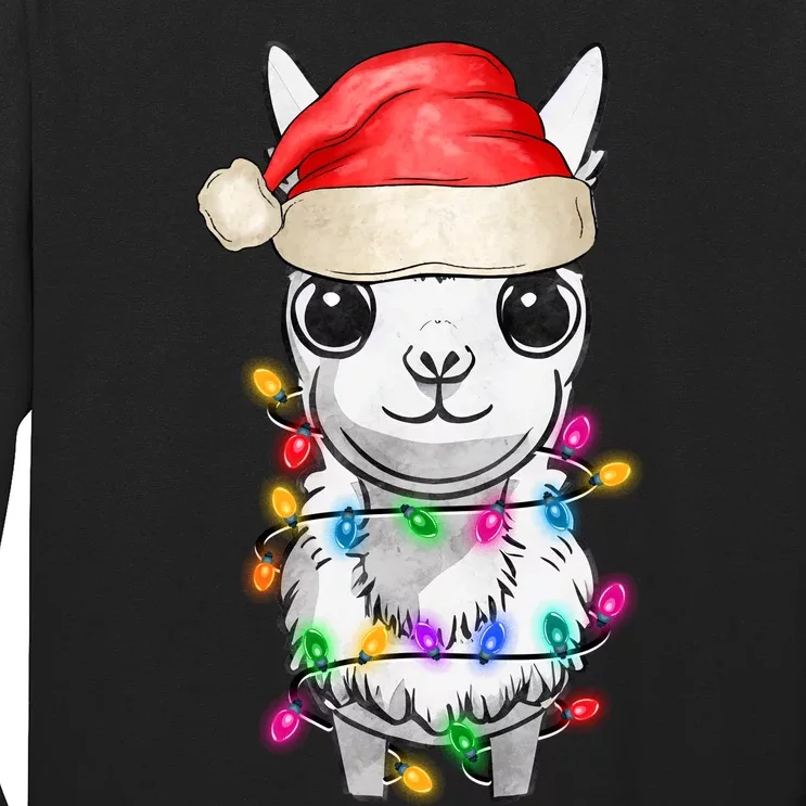 Llama Wearing Santa Hat Christmas Lights Graphic Animal Lover Long Sleeve Shirt