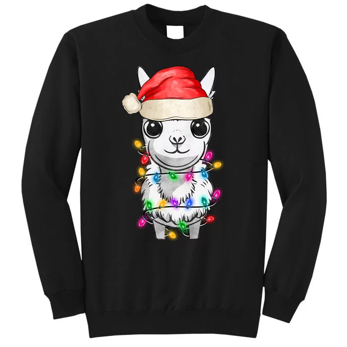 Llama Wearing Santa Hat Christmas Lights Graphic Animal Lover Sweatshirt