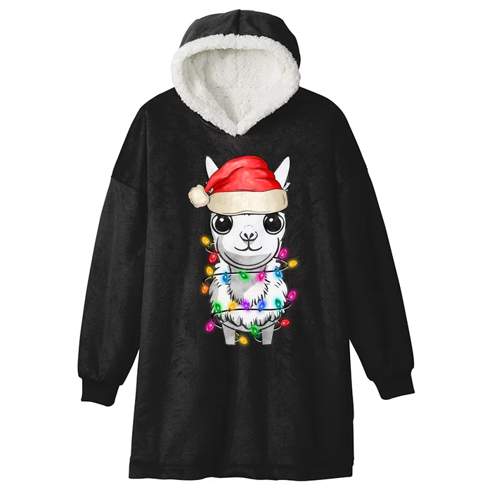 Llama Wearing Santa Hat Christmas Lights Graphic Animal Lover Hooded Wearable Blanket