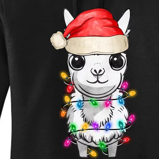 Llama Wearing Santa Hat Christmas Lights Graphic Animal Lover Women's Pullover Hoodie