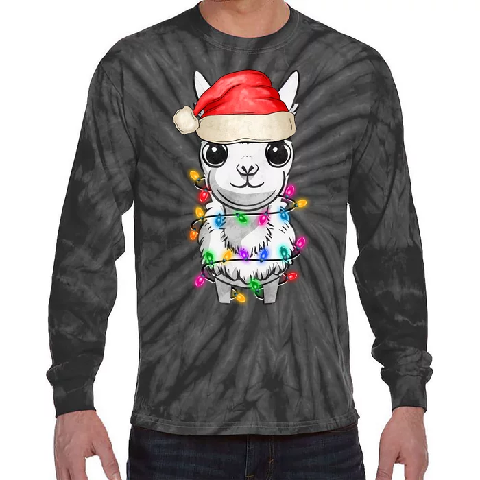 Llama Wearing Santa Hat Christmas Lights Graphic Animal Lover Tie-Dye Long Sleeve Shirt