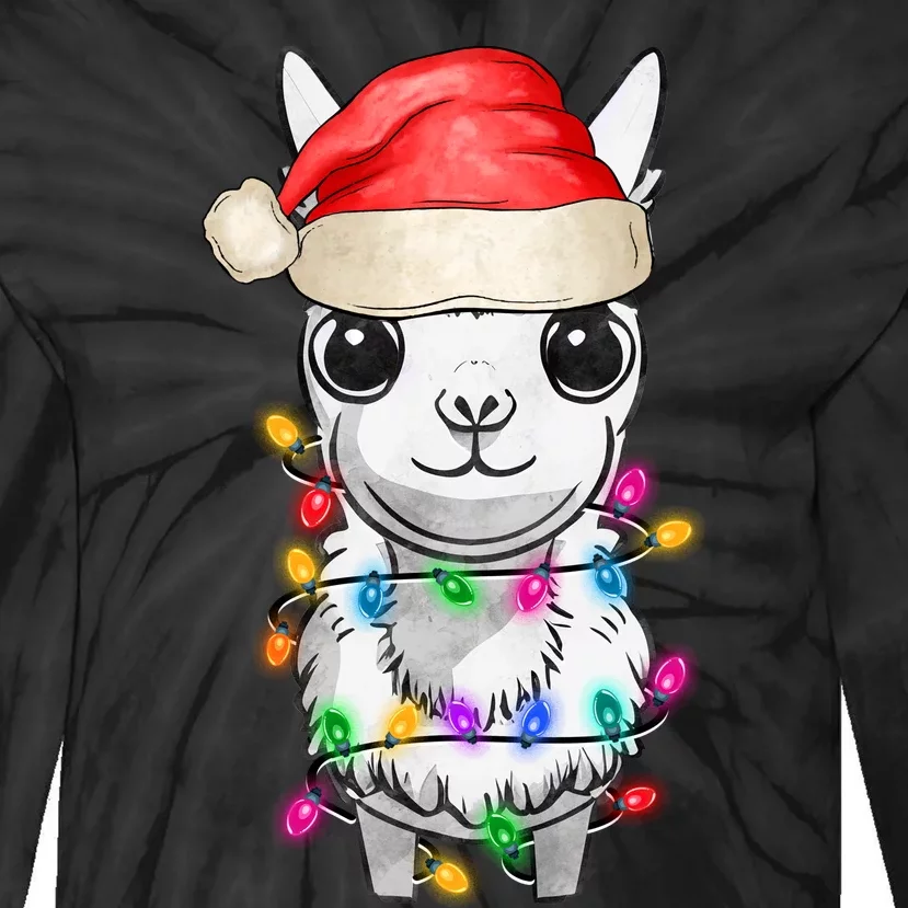 Llama Wearing Santa Hat Christmas Lights Graphic Animal Lover Tie-Dye Long Sleeve Shirt