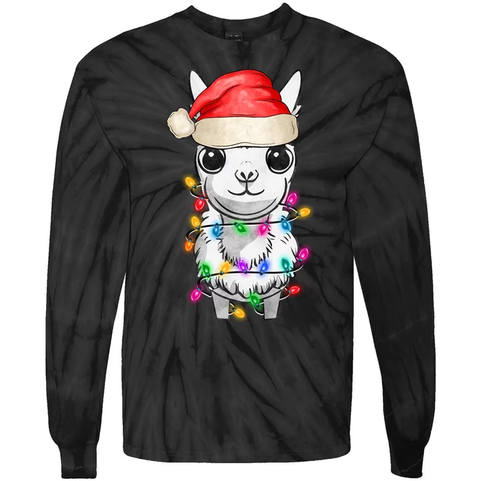 Llama Wearing Santa Hat Christmas Lights Graphic Animal Lover Tie-Dye Long Sleeve Shirt