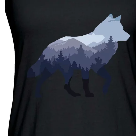 Lone Wolf Survives The Mountain Silhouette Art Ladies Essential Flowy Tank