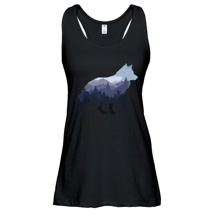 Lone Wolf Survives The Mountain Silhouette Art Ladies Essential Flowy Tank