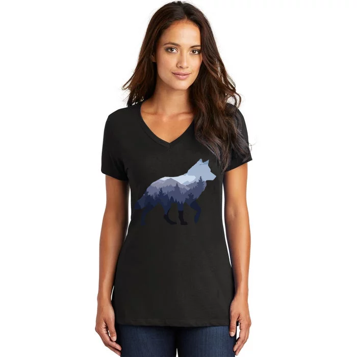 Lone Wolf Survives The Mountain Silhouette Art Women's V-Neck T-Shirt