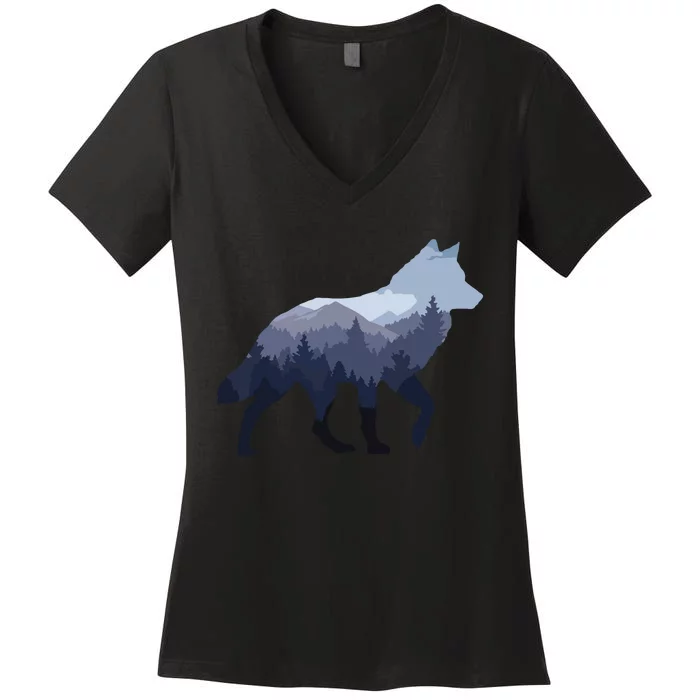 Lone Wolf Survives The Mountain Silhouette Art Women's V-Neck T-Shirt