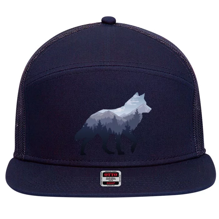 Lone Wolf Survives The Mountain Silhouette Art 7 Panel Mesh Trucker Snapback Hat