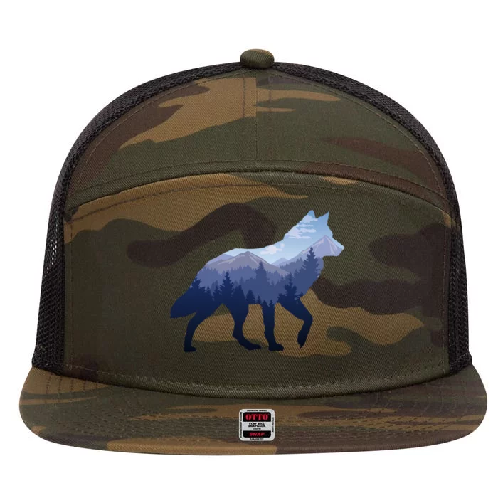 Lone Wolf Survives Mountain Silhouette Art Gift Cool Gift 7 Panel Mesh Trucker Snapback Hat