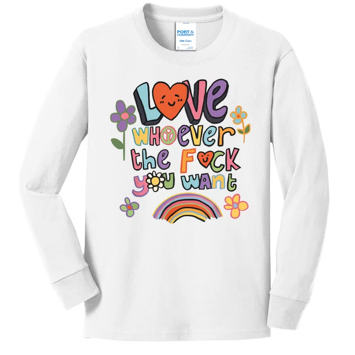 Love Whoever The F You Want LGBTQ Rainbow Pride Cute Hearts Kids Long Sleeve Shirt