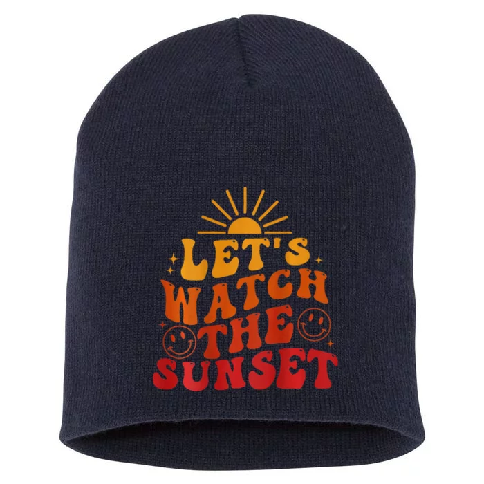 Lets Watch The Sunset Retro Groovy Smile Face Summer Vibes Short Acrylic Beanie