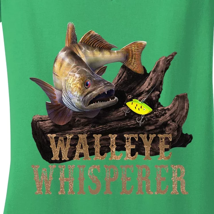 Large Walleye With Fishing Lure Drawing Walleye Whisperer Women's V-Neck T-Shirt