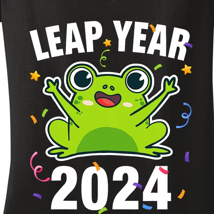 Leap Year 2024 Cute Frog Leap Day Birthday Women's V-Neck T-Shirt