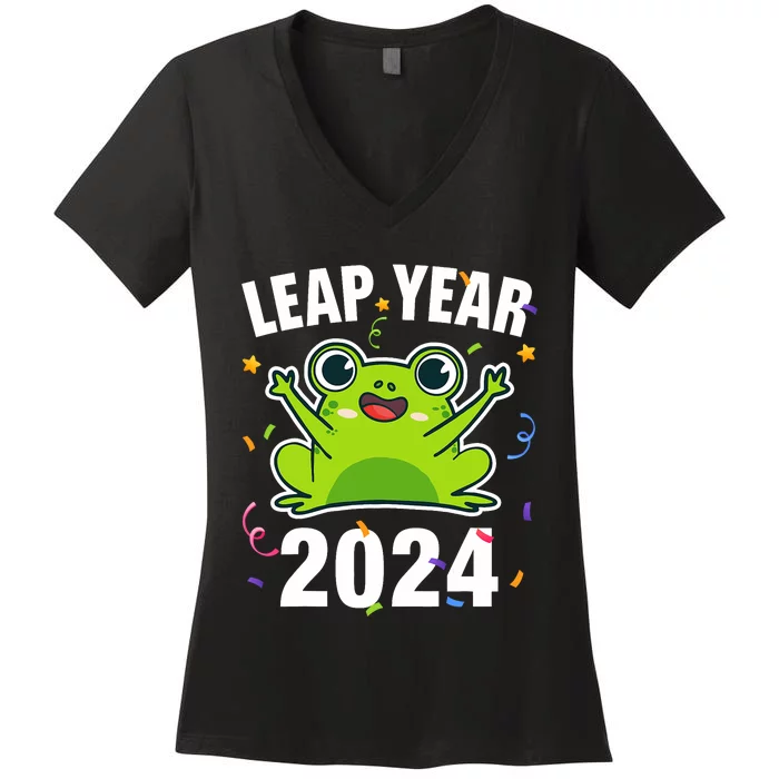 Leap Year 2024 Cute Frog Leap Day Birthday Women's V-Neck T-Shirt