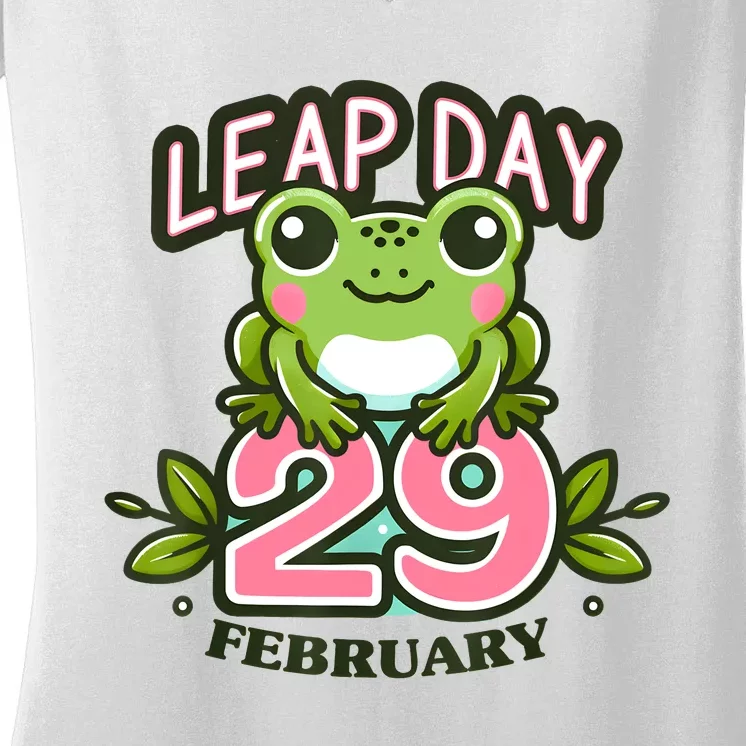 Leap Year 2024 Cute Frog Leap Day Birthday Women's V-Neck T-Shirt