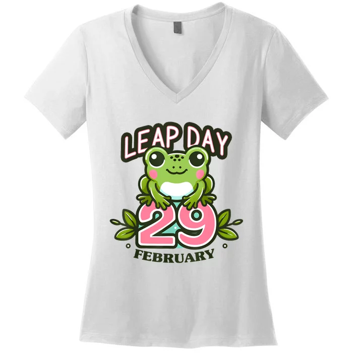 Leap Year 2024 Cute Frog Leap Day Birthday Women's V-Neck T-Shirt