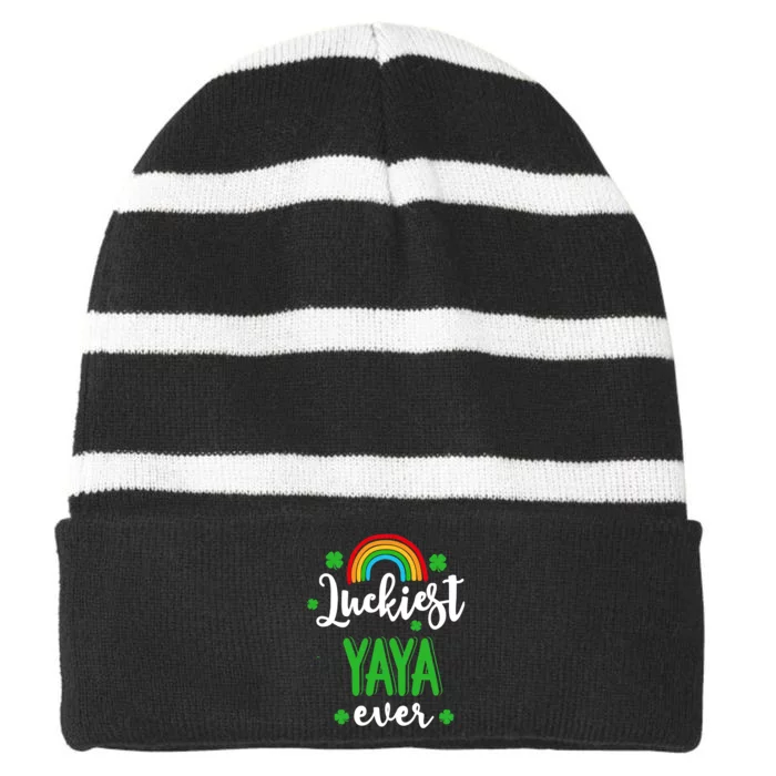 Luckiest Yaya Ever St.Patrick's Day Rainbow Clovers Striped Beanie with Solid Band