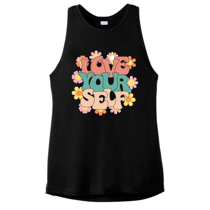 Love Yourself Floral Positive Quote Ladies Tri-Blend Wicking Tank