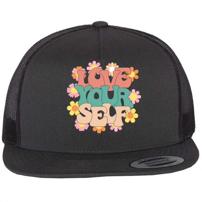 Love Yourself Floral Positive Quote Flat Bill Trucker Hat