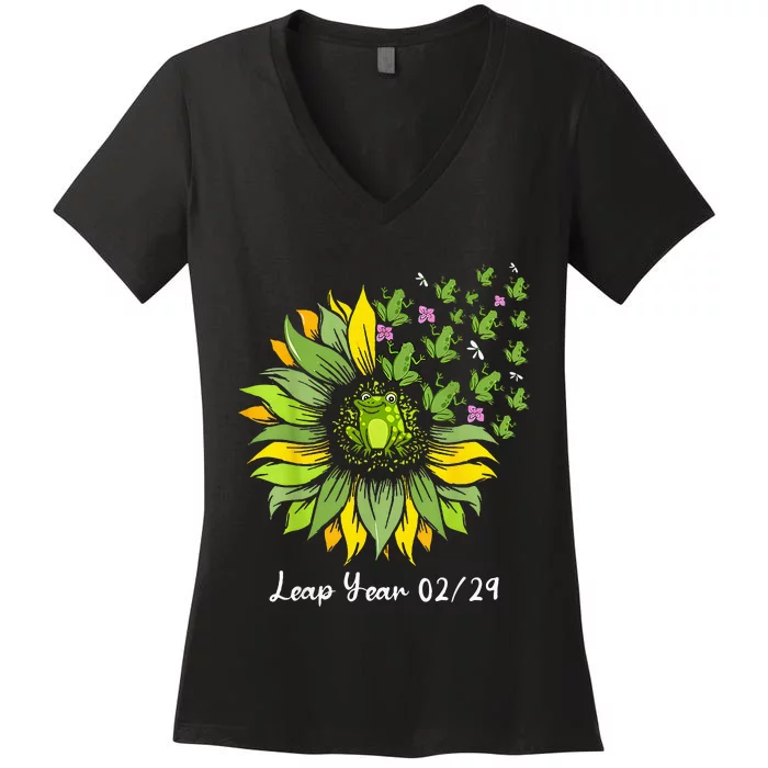 Leap Year Flying Frogs Sunflower Feb 29 2024 Women's V-Neck T-Shirt