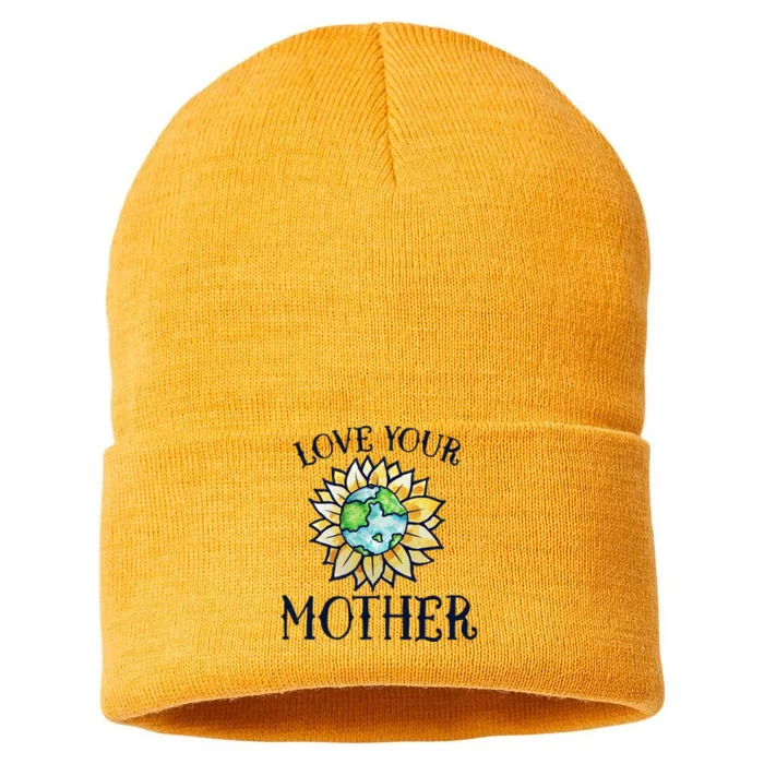 Love Your Mother Earth Day Cute Funny Gift Watercolor Art Earth Sustainable Knit Beanie