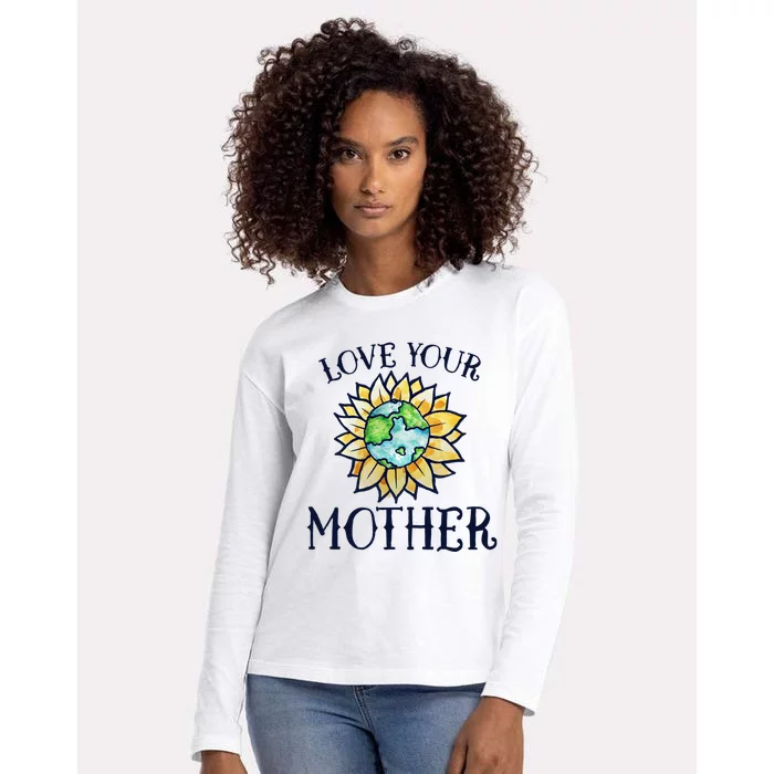 Love Your Mother Earth Day Cute Funny Gift Watercolor Art Earth Womens Cotton Relaxed Long Sleeve T-Shirt