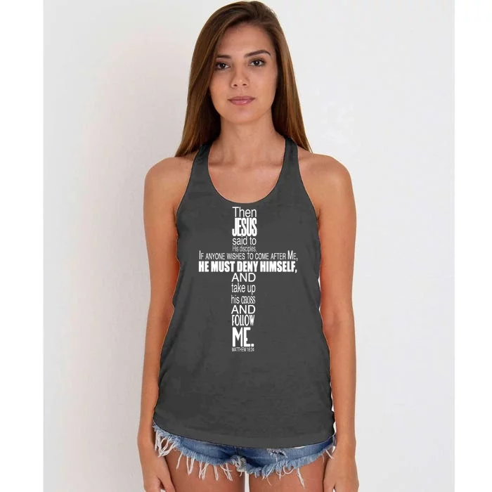 Matthew 16:24 Jesus Said Follow Me Cross Women's Knotted Racerback Tank