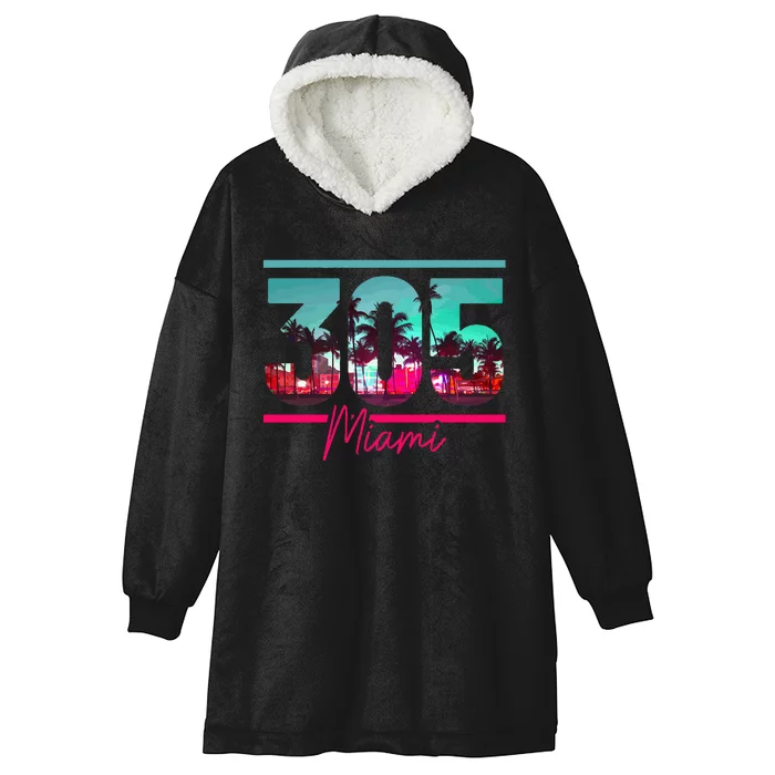 Miami 305 Area Code Florida Vintage Palm Trees Pride Retro Hooded Wearable Blanket