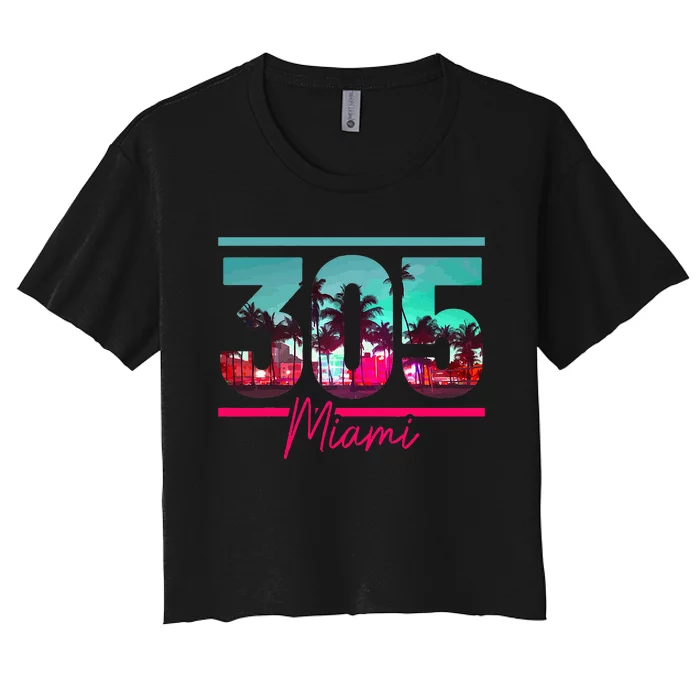 Miami 305 Area Code Florida Vintage Palm Trees Pride Retro Women's Crop Top Tee