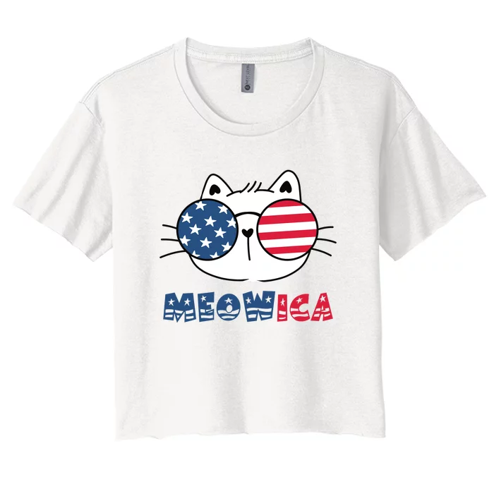 Meowica Cat 4th Of July Memorial Day Gift Women's Crop Top Tee