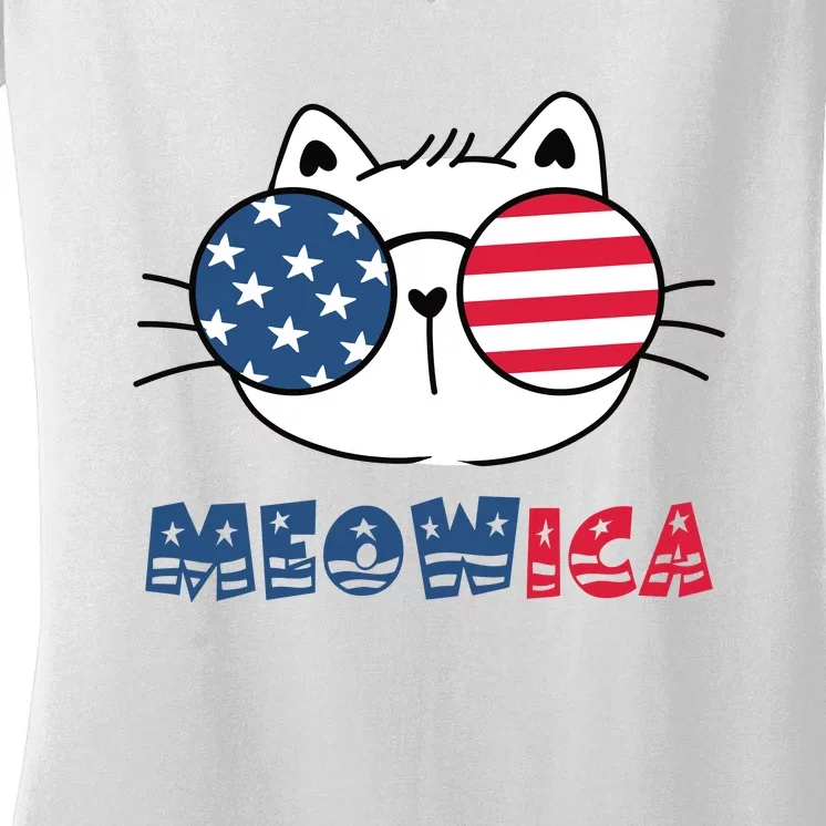 Meowica Cat 4th Of July Memorial Day Gift Women's V-Neck T-Shirt