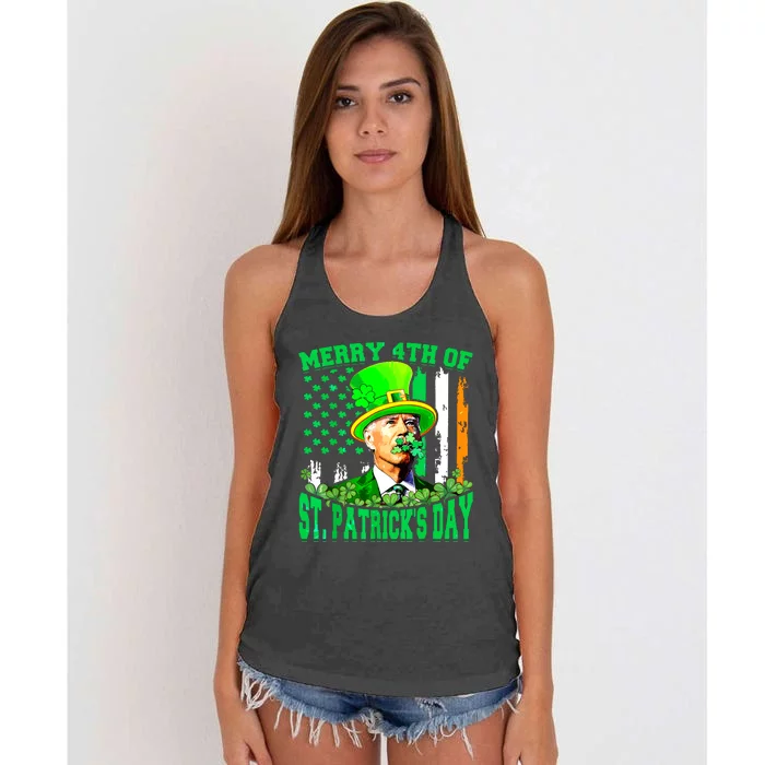 Merry 4th Of St Patricks Day Joe Biden Funny Women's Knotted Racerback Tank