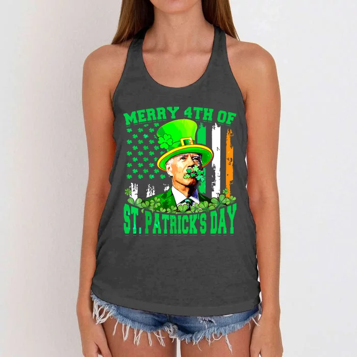 Merry 4th Of St Patricks Day Joe Biden Funny Women's Knotted Racerback Tank