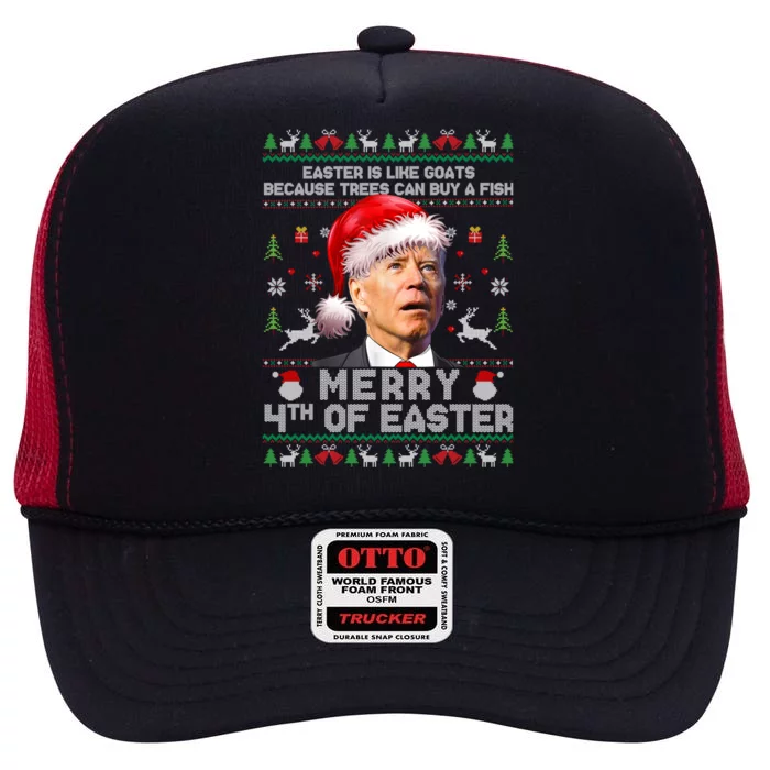 Merry 4th Of Easter Funny Biden Ugly Christmas High Crown Mesh Trucker Hat