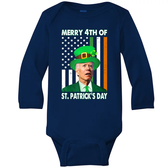 Merry 4th Of St Patrick's Day Confused Joe Biden Funny Baby Long Sleeve Bodysuit