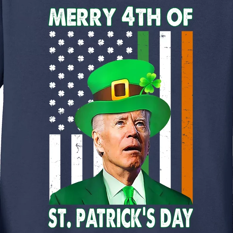 Merry 4th Of St Patrick's Day Confused Joe Biden Funny Kids Long Sleeve Shirt